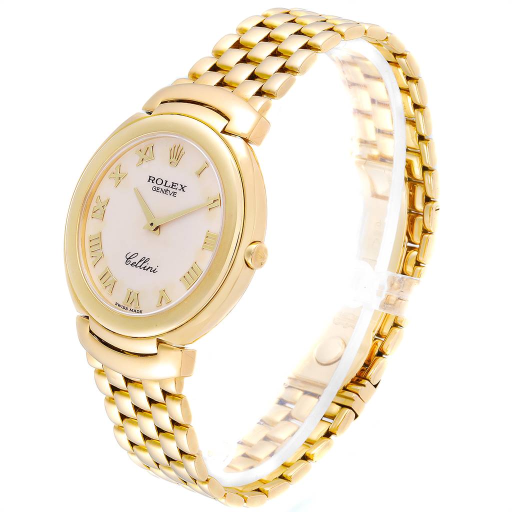 This Rolex Cellini 6623 Men's Yellow Gold Beige Dial 6623 Men's Yellow Gold Beige Dial watch is shown at a slightly angled side view, displaying its gold bracelet, dial, and Roman numeral markers.