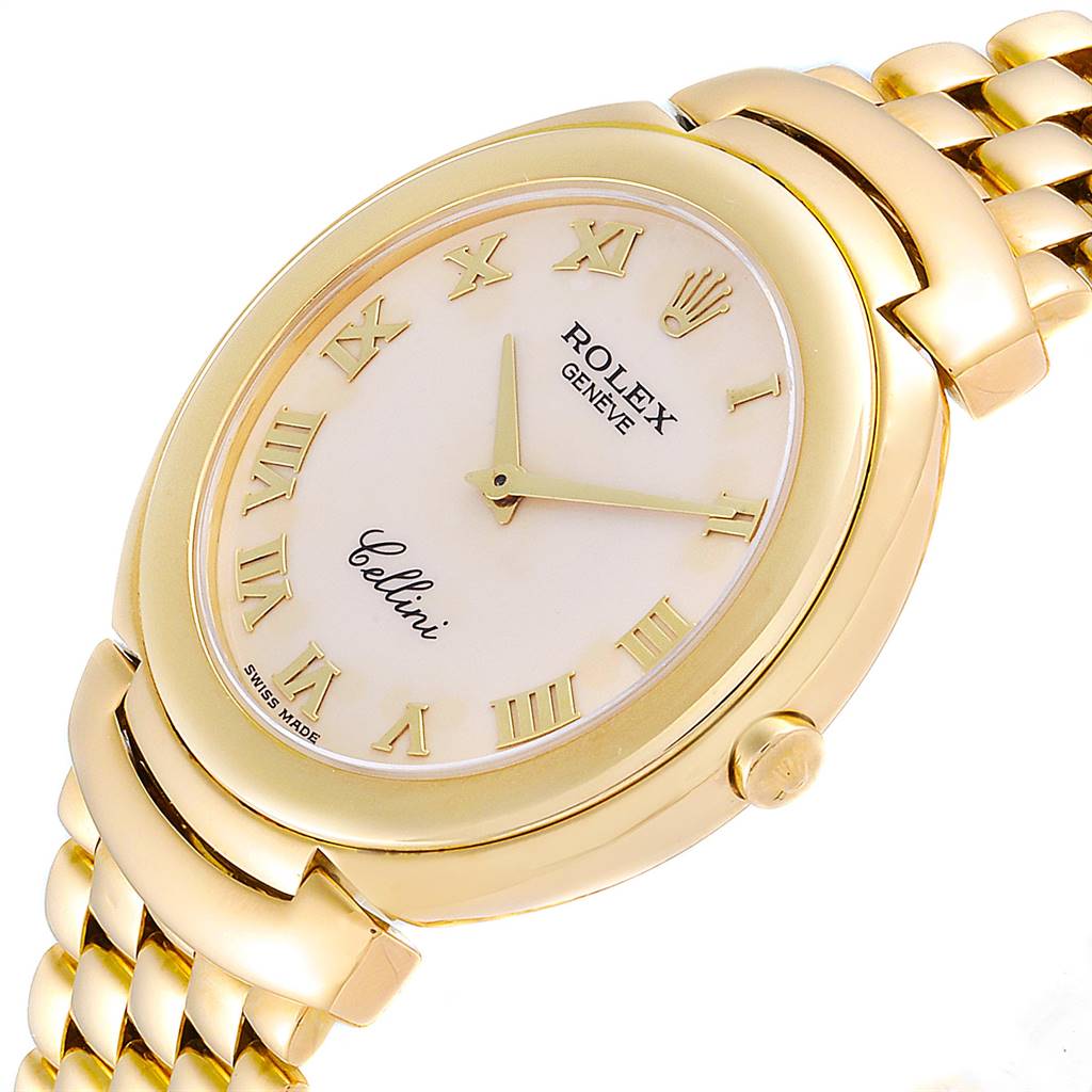 The Rolex Cellini 6623 Men's Yellow Gold Beige Dial 6623 Men's Yellow Gold Beige Dial model watch is shown at a three-quarter angle, highlighting its gold case, white dial, Roman numeral markers, and bracelet.