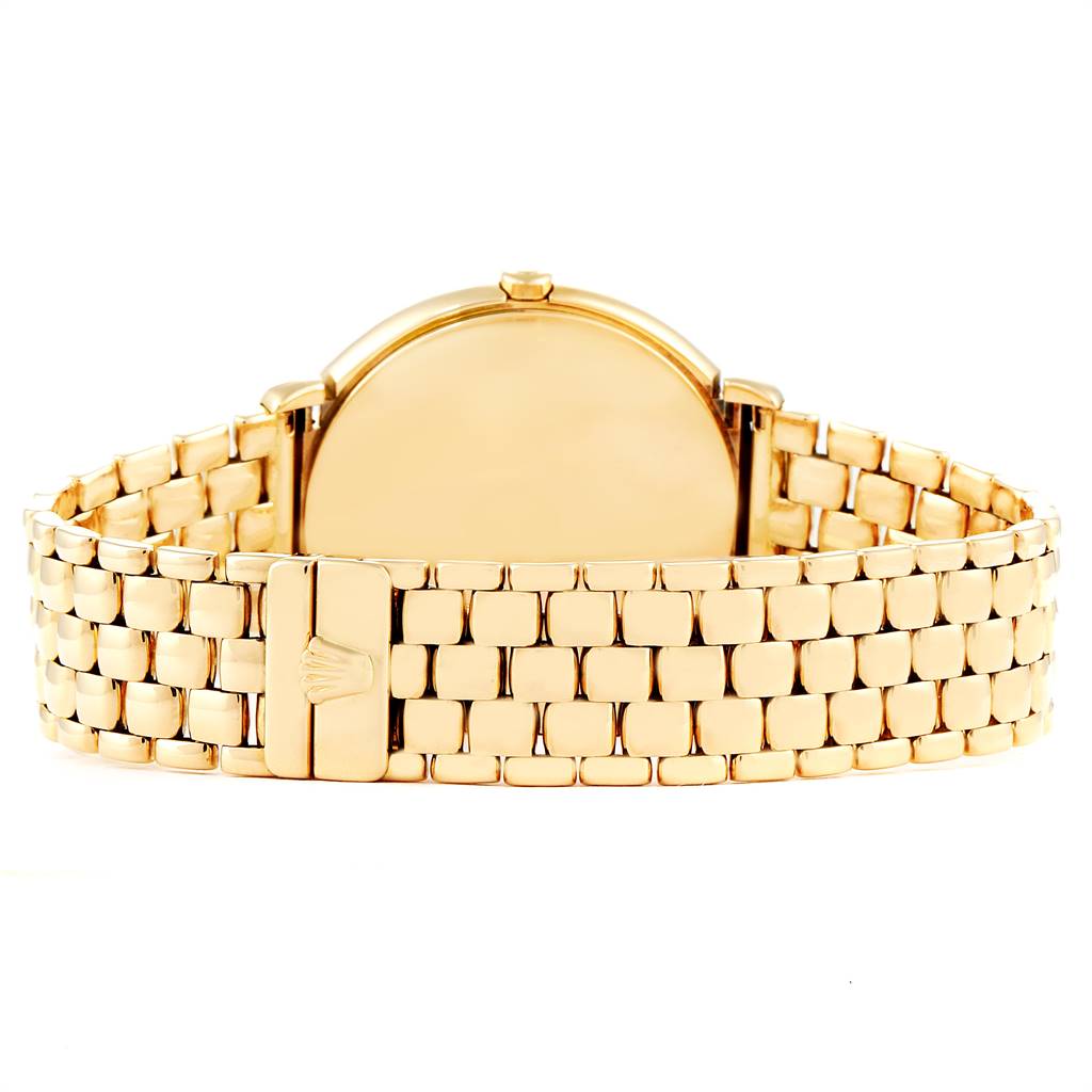 This image shows the back and bracelet of the Rolex Cellini 6623 Men's Yellow Gold Beige Dial 6623 Men's Yellow Gold Beige Dial watch, featuring a gold tone and clasp.