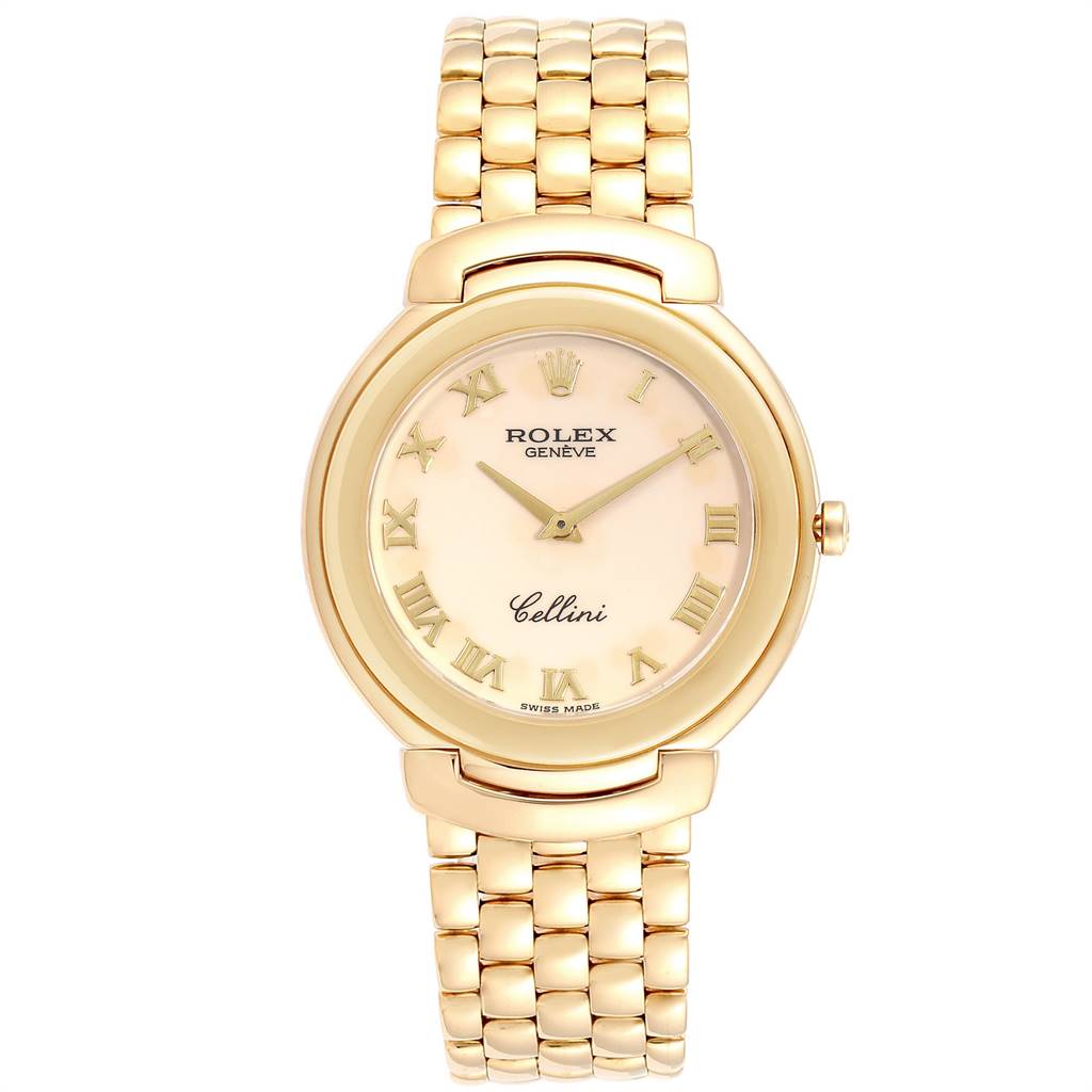 The image shows a front view of a Rolex Cellini 6623 Men's Yellow Gold Beige Dial 6623 Men's Yellow Gold Beige Dial watch, displaying its face, bezel, and bracelet.