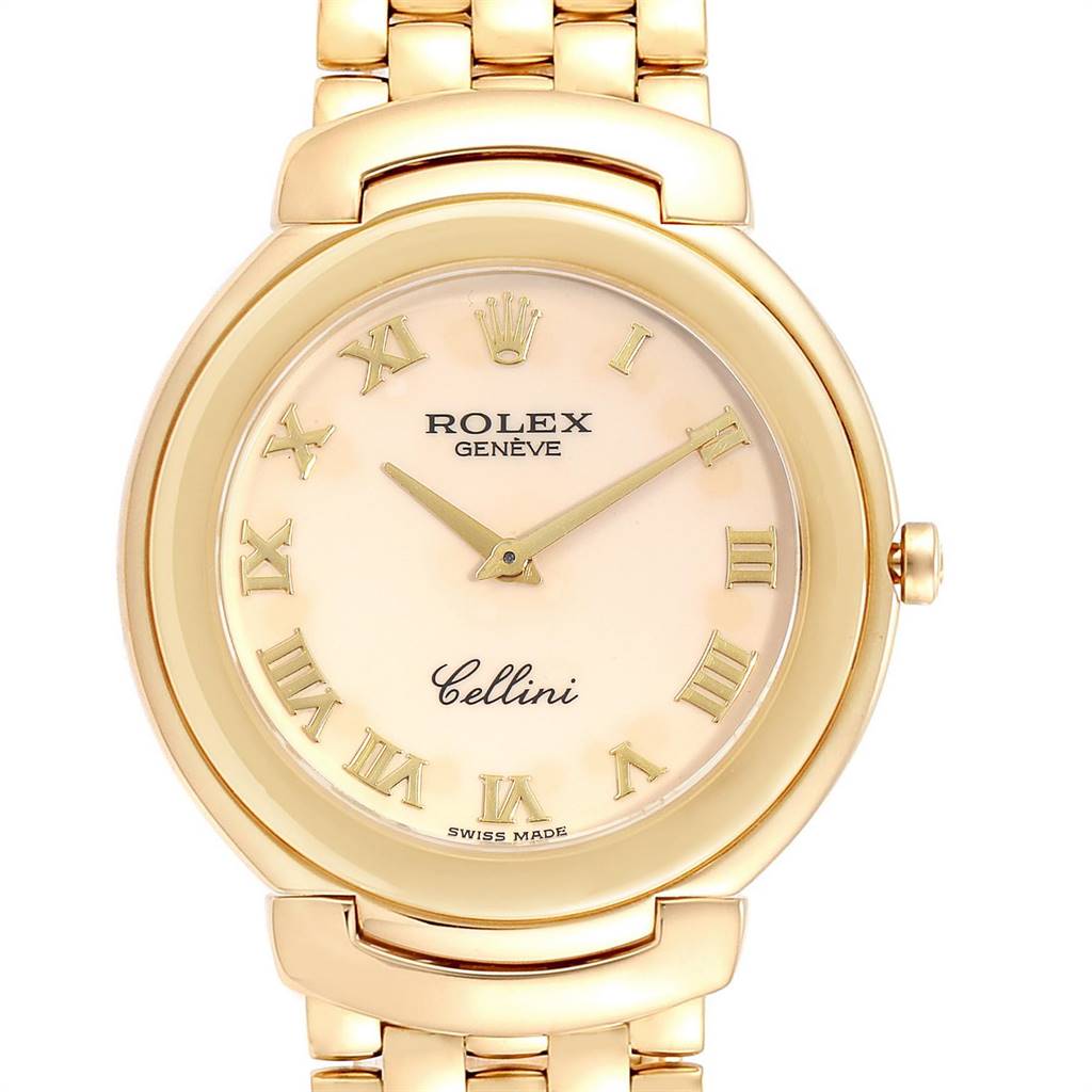 The image shows a front view of the Rolex Cellini 6623 Men's Yellow Gold Beige Dial 6623 Men's Yellow Gold Beige Dial watch, highlighting its gold case, Roman numeral dial, and linked bracelet.
