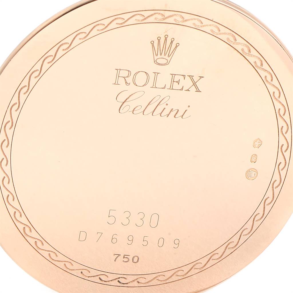 The image shows the back case of a Rolex Cellini 5330 Men's Rose Gold Grey Dial 5330 Men's Rose Gold Grey Dial watch, featuring engraved branding and model details.