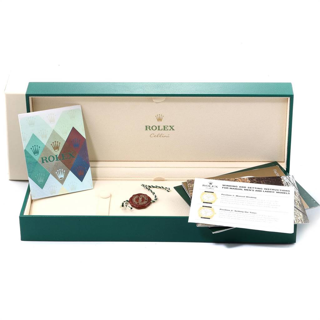 The image shows a Rolex Cellini 5330 Men's Rose Gold Grey Dial 5330 Men's Rose Gold Grey Dial watch box, open, containing booklets, a tag, and a seal, viewed from the front angle.