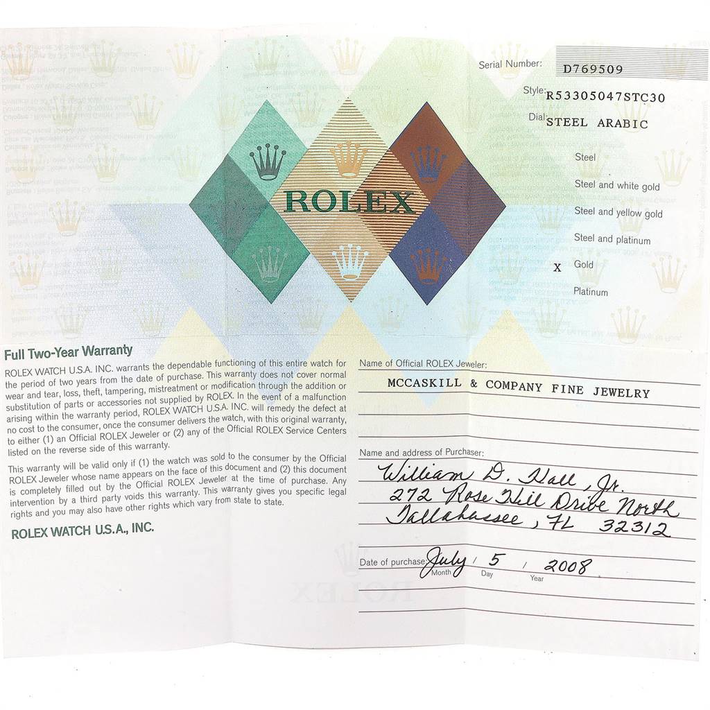 The image shows the warranty card of a Rolex Cellini 5330 Men's Rose Gold Grey Dial 5330 Men's Rose Gold Grey Dial watch, detailing its serial number, material, and purchase information.