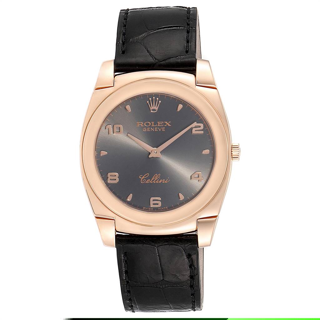 The image shows a front view of a Rolex Cellini 5330 Men's Rose Gold Grey Dial 5330 Men's Rose Gold Grey Dial model watch, highlighting its black leather strap, rose gold case, and dark watch face.