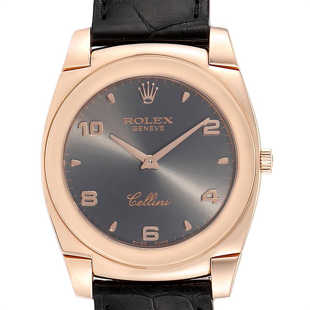 The image shows a front view of a Rolex Cellini 5330 Men's Rose Gold Grey Dial 5330 Men's Rose Gold Grey Dial watch, highlighting its black dial, gold casing, and black leather strap.