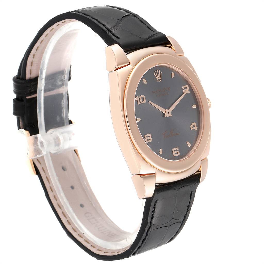 The image shows a side angle of the Rolex Cellini 5330 Men's Rose Gold Grey Dial 5330 Men's Rose Gold Grey Dial watch featuring its face, case, and black leather strap.