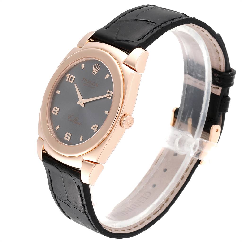 The image shows a side view of a Rolex Cellini 5330 Men's Rose Gold Grey Dial 5330 Men's Rose Gold Grey Dial watch, highlighting its black leather strap, rose gold case, and black dial.