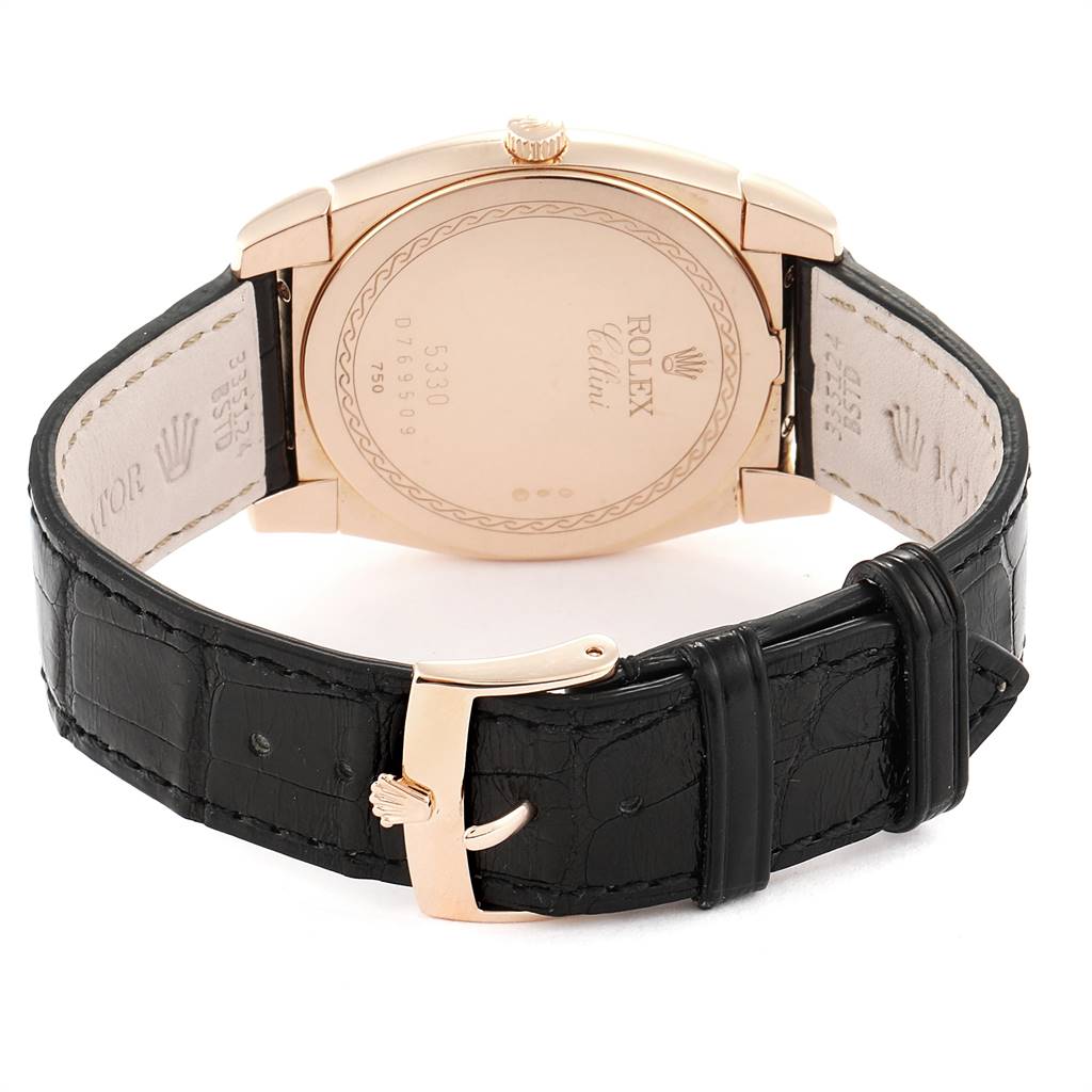 The image shows the back view of a Rolex Cellini 5330 Men's Rose Gold Grey Dial 5330 Men's Rose Gold Grey Dial watch, highlighting the case back, crown, and black leather strap with buckle.