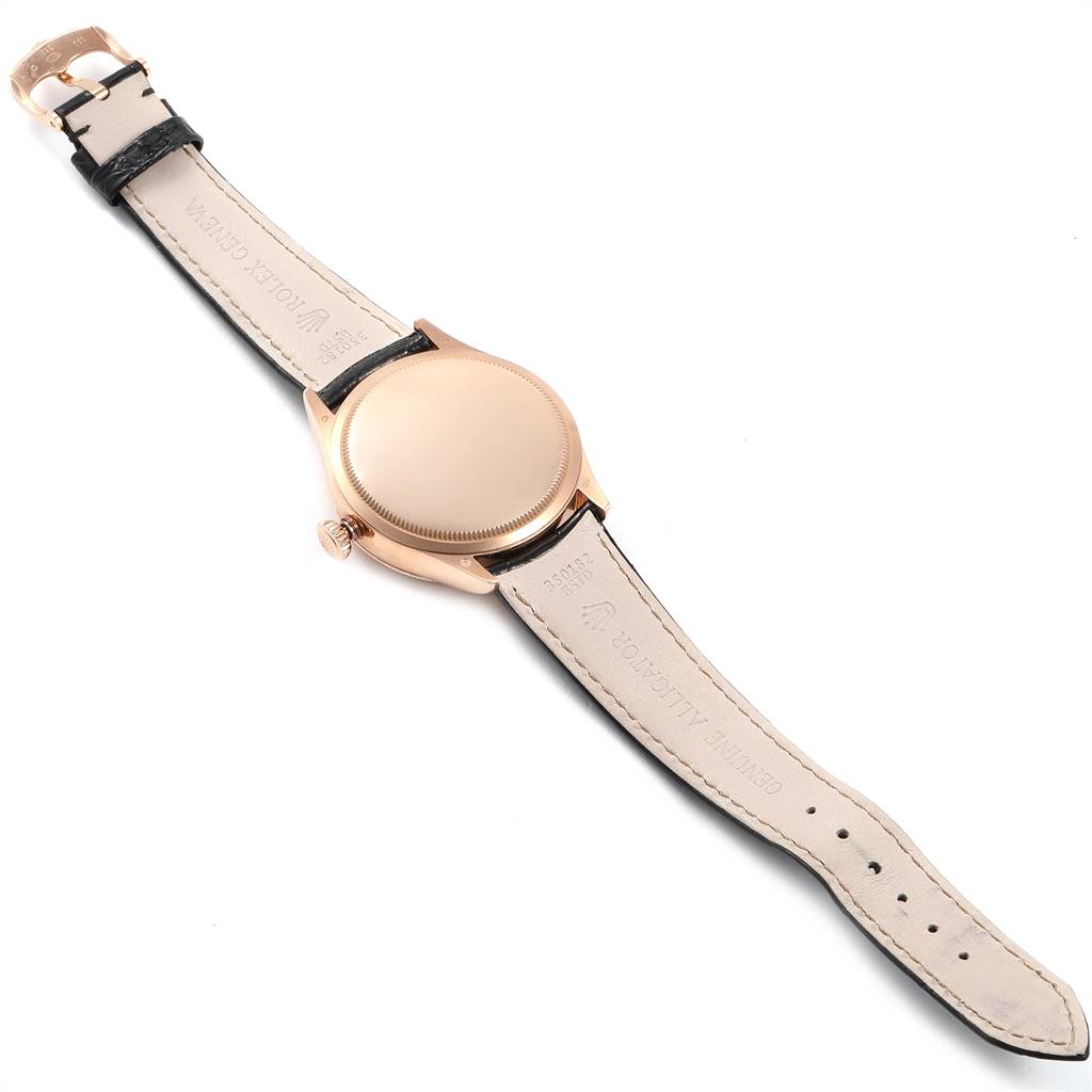 The image shows the back of a Rolex Cellini 50515 Men's Rose Gold Black Dial 50515 Men's Rose Gold Black Dial watch, including the case back and full view of the leather strap.