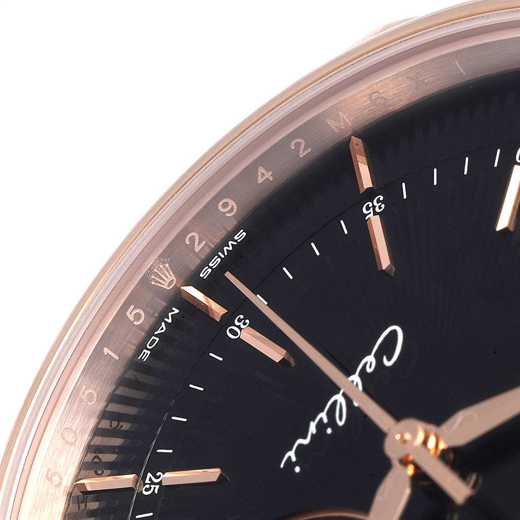 The image shows a close-up of the dial and hands of a Rolex Cellini 50515 Men's Rose Gold Black Dial 50515 Men's Rose Gold Black Dial watch, highlighting the Swiss-made label and part of the Rolex crown logo.