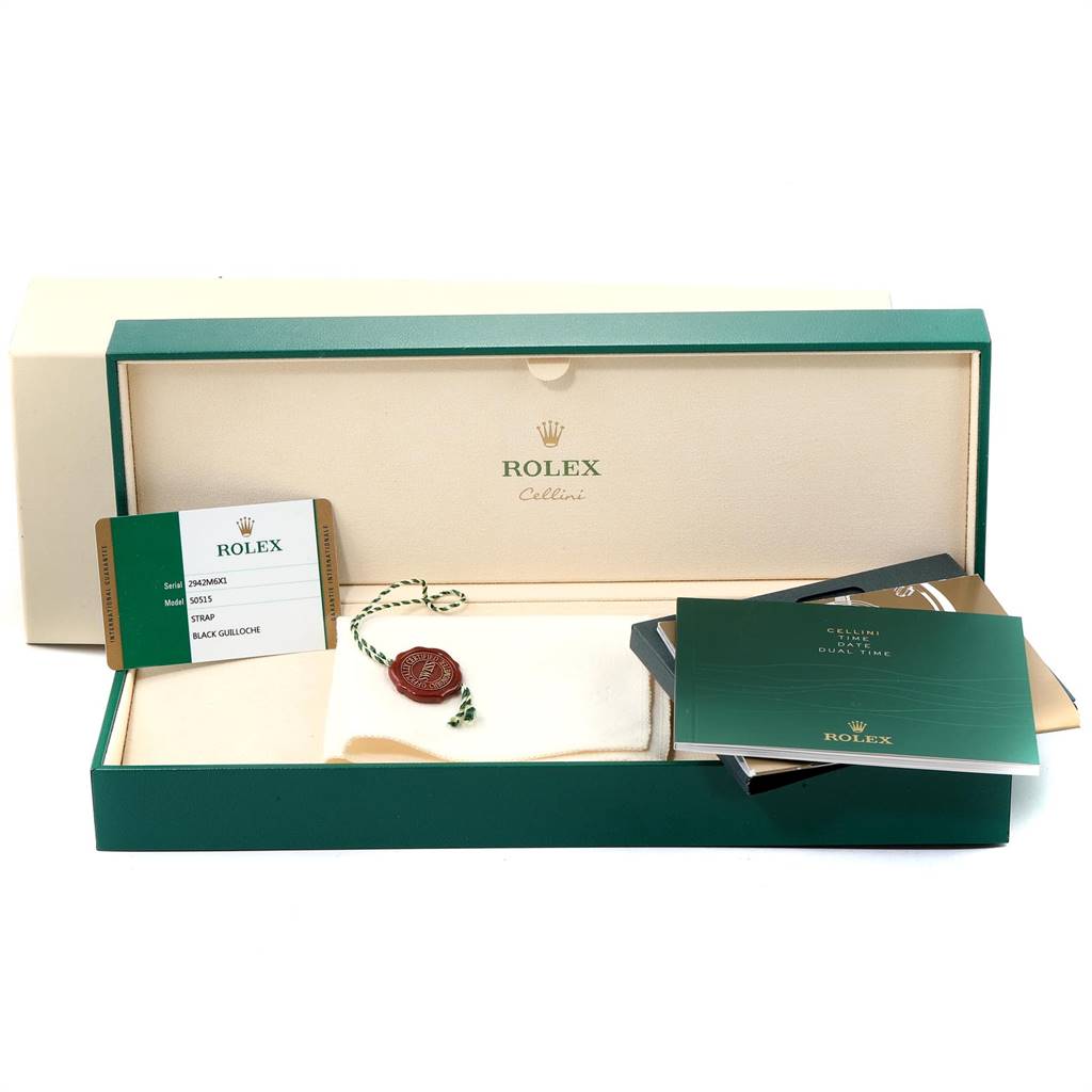 The image shows a Rolex Cellini 50515 Men's Rose Gold Black Dial 50515 Men's Rose Gold Black Dial watch box and accessories, including a warranty card, booklet, and tag, viewed from the front.