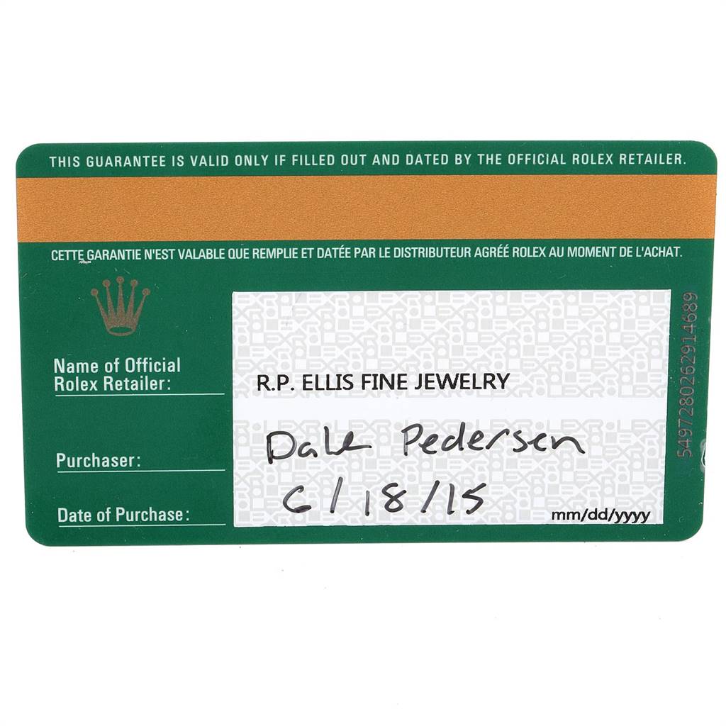 The image shows a guarantee card for a Rolex Cellini 50515 Men's Rose Gold Black Dial 50515 Men's Rose Gold Black Dial watch, with retailer and purchase details filled in.