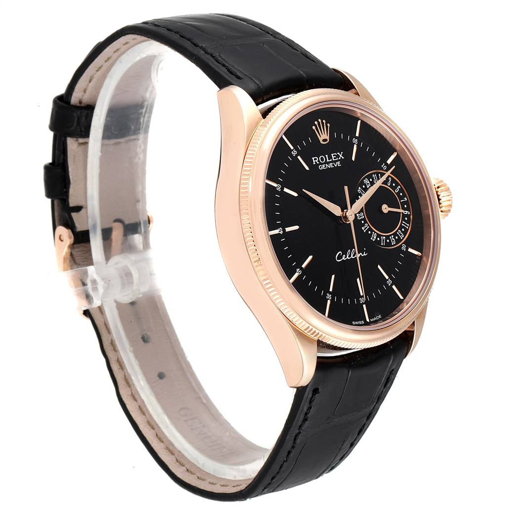 This image shows a Rolex Cellini 50515 Men's Rose Gold Black Dial 50515 Men's Rose Gold Black Dial watch at a side angle, highlighting its black dial, rose gold case, and black leather strap.