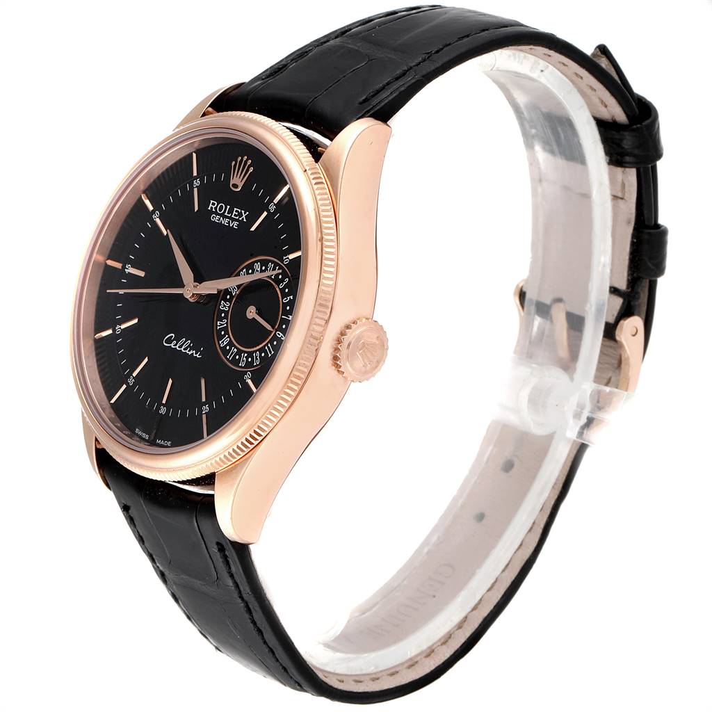 This Rolex Cellini 50515 Men's Rose Gold Black Dial 50515 Men's Rose Gold Black Dial watch is shown at a side angle, highlighting its face, bezel, crown, and black leather strap.