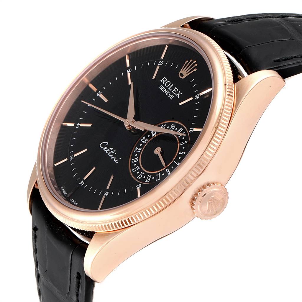 The image shows the Rolex Cellini 50515 Men's Rose Gold Black Dial 50515 Men's Rose Gold Black Dial watch at a slight angle, highlighting its black dial, rose gold case, crown, and leather strap.
