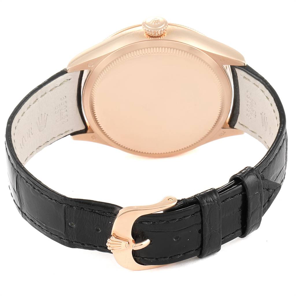 The image shows the back case and leather strap of a Rolex Cellini 50515 Men's Rose Gold Black Dial 50515 Men's Rose Gold Black Dial watch from a rear angle.