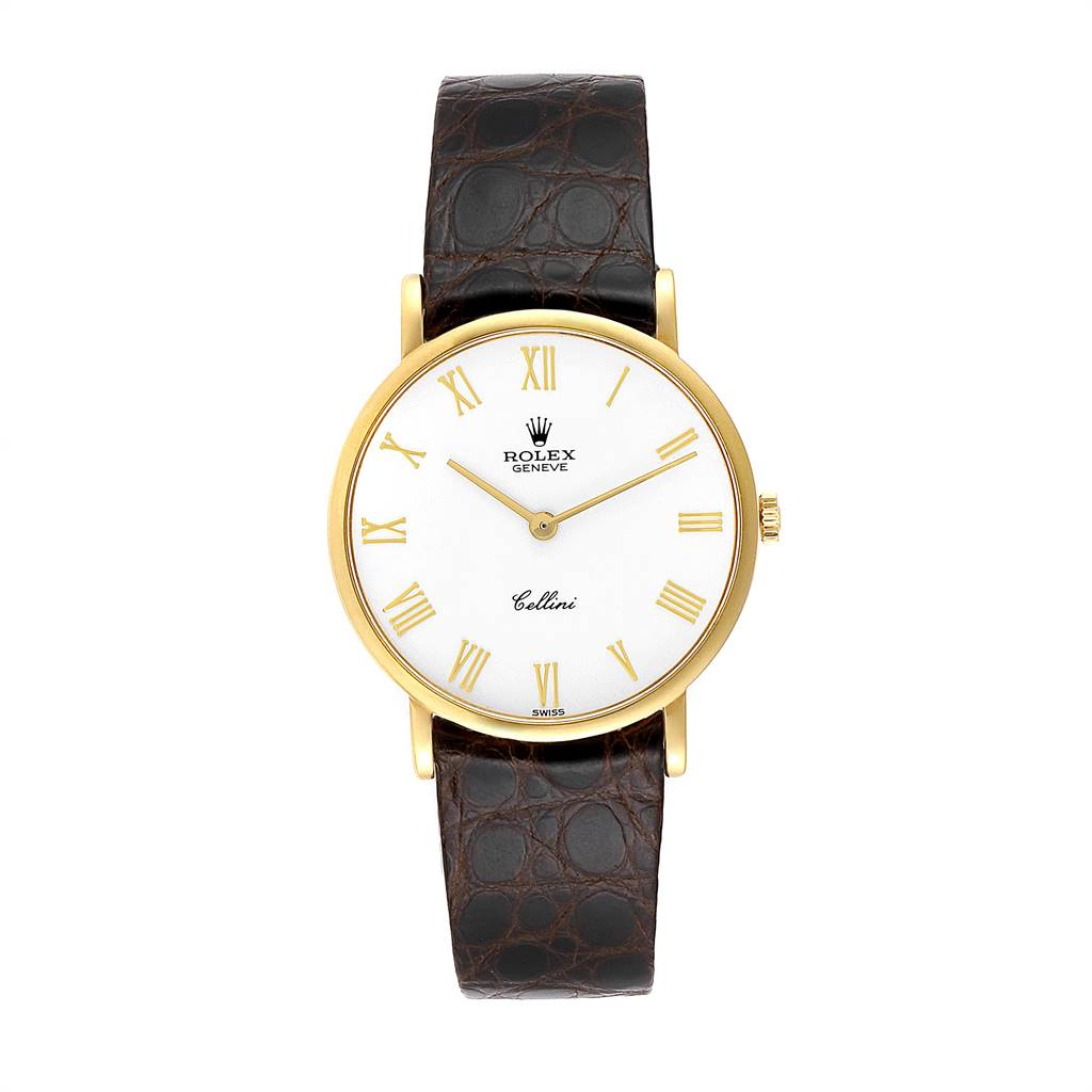 The Rolex Cellini 5112 Men's Yellow Gold White Dial 5112 Men's Yellow Gold White Dial watch is shown from a front angle, displaying its face, strap, hands, and crown.