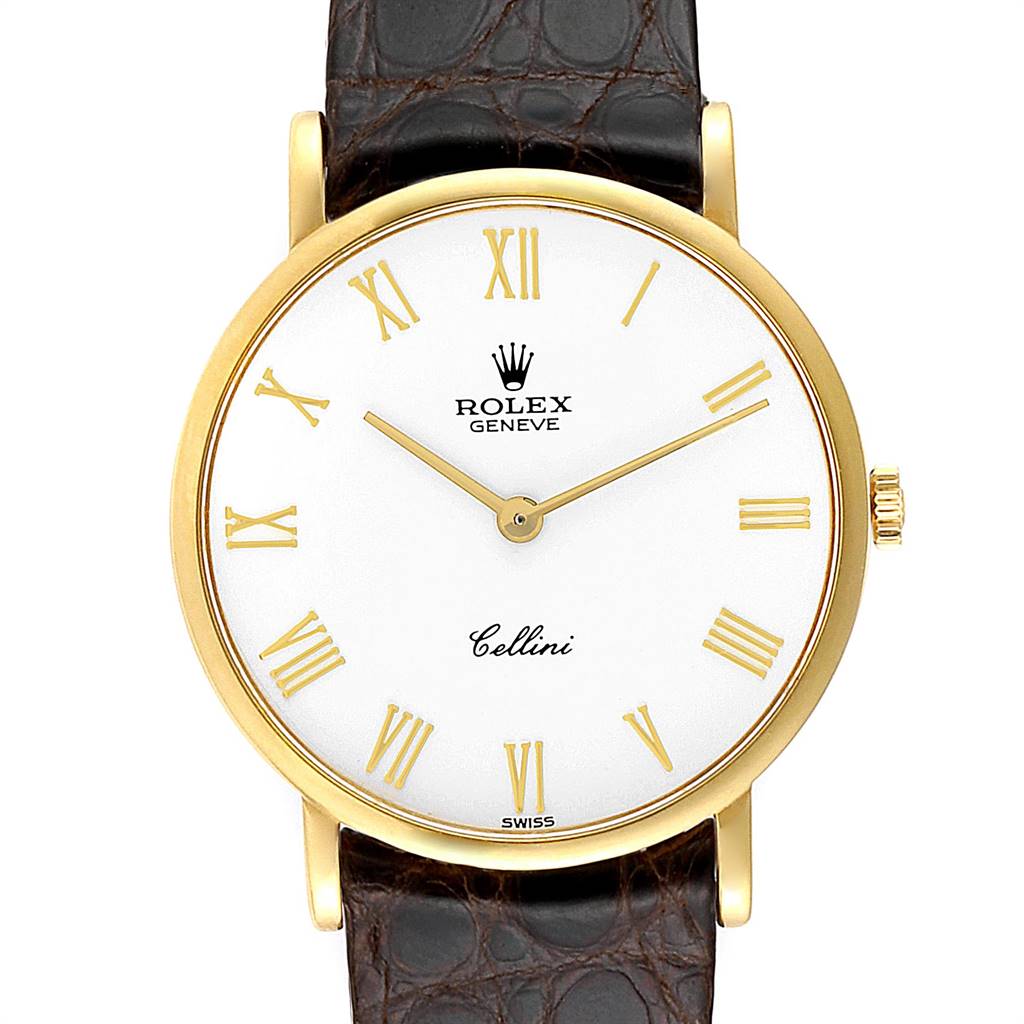 This image shows a front view of the Rolex Cellini 5112 Men's Yellow Gold White Dial 5112 Men's Yellow Gold White Dial watch with a brown leather strap, gold case, and white dial featuring Roman numerals.