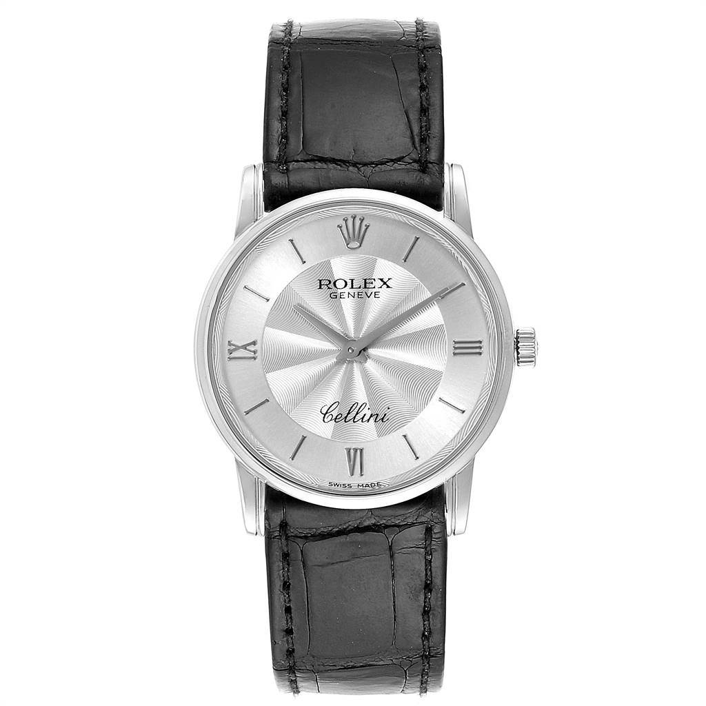 The Rolex Cellini 5116 Men's White Gold Silver Dial 5116 Men's White Gold Silver Dial watch is shown from a straight-on angle, displaying its full face, dial, and leather strap.