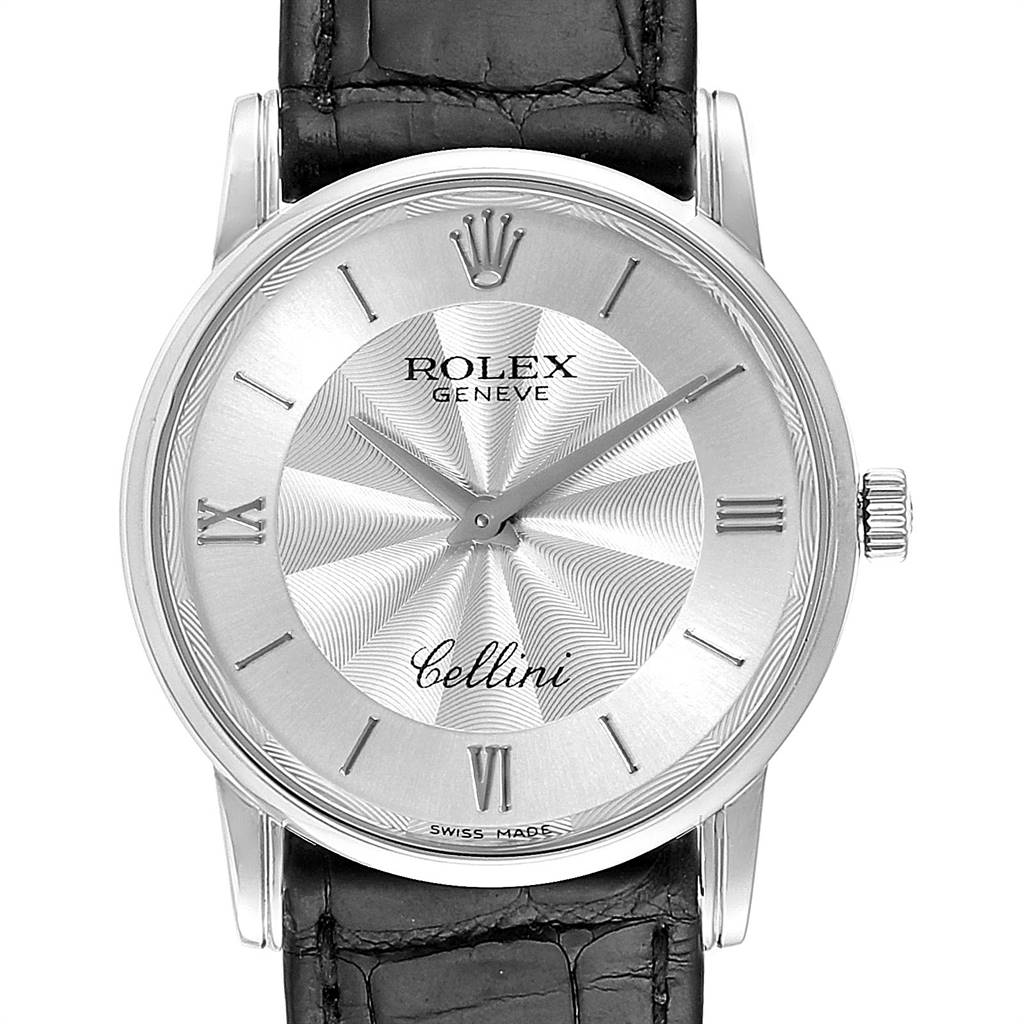 This image shows a front view of the Rolex Cellini 5116 Men's White Gold Silver Dial 5116 Men's White Gold Silver Dial watch, highlighting its silver dial, Roman numerals, and black leather strap.