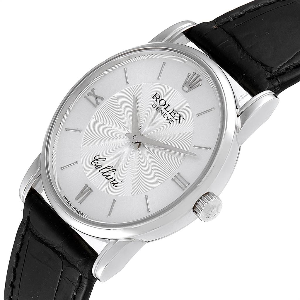 The image shows a Rolex Cellini 5116 Men's White Gold Silver Dial 5116 Men's White Gold Silver Dial watch at a slight angle, highlighting the dial, case, and part of the leather strap.
