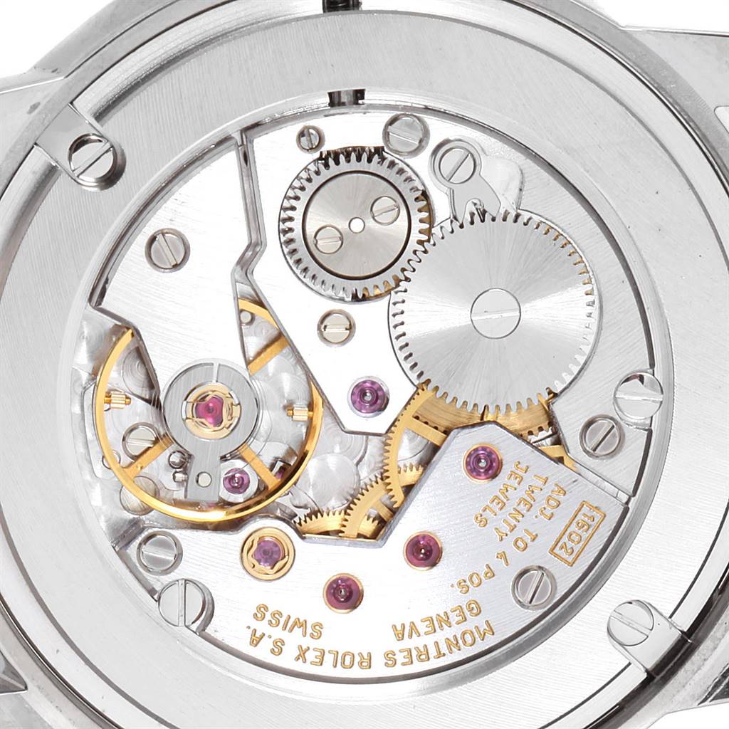 This image shows the internal mechanical movement of a Rolex Cellini 5116 Men's White Gold Silver Dial 5116 Men's White Gold Silver Dial watch from a rear angle.