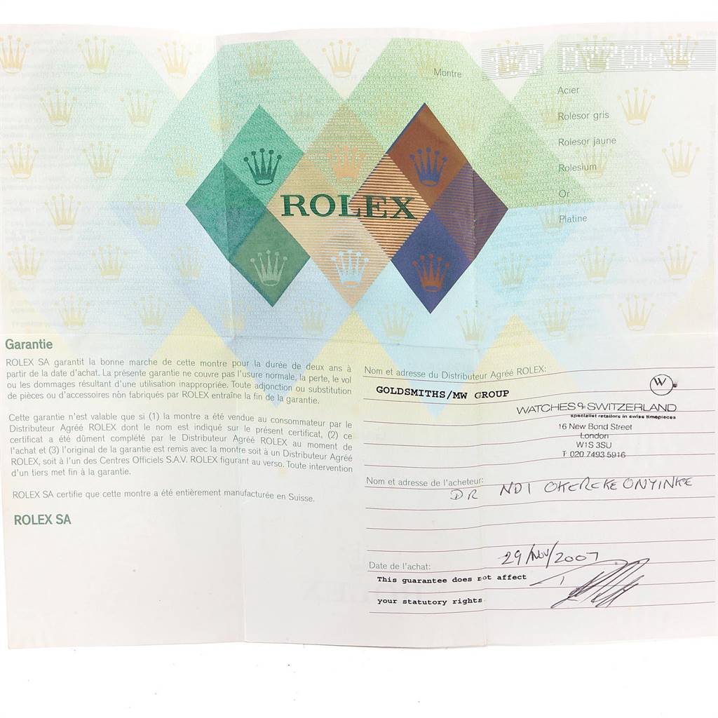 The image shows a warranty card for the Rolex Cellini 4233 Men's Yellow Gold Black Dial 4233 Men's Yellow Gold Black Dial watch model and includes details about purchase and dealer information.