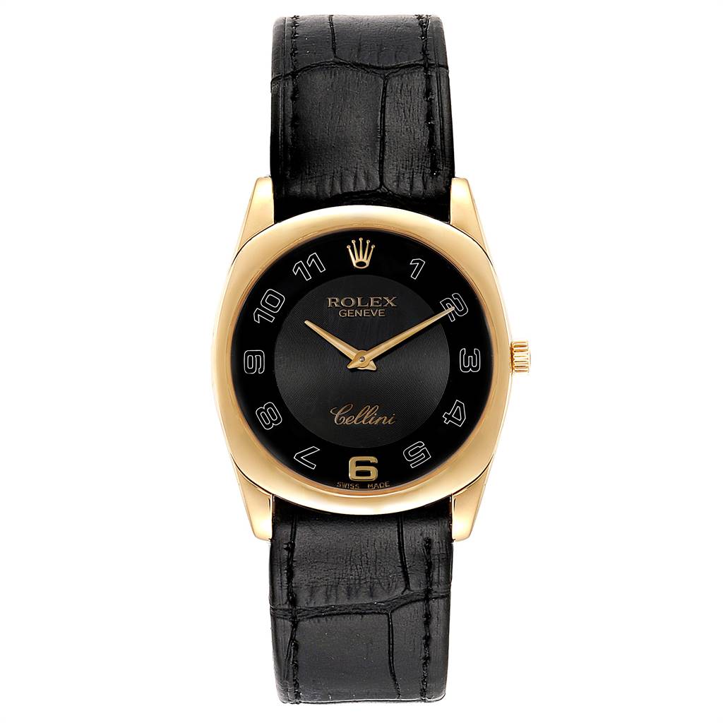 The image shows a front view of a Rolex Cellini 4233 Men's Yellow Gold Black Dial 4233 Men's Yellow Gold Black Dial watch, highlighting its black dial, gold casing, and black leather strap.