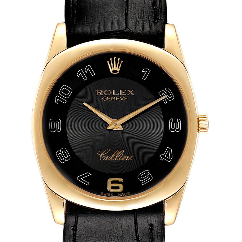The image is a front view of the Rolex Cellini 4233 Men's Yellow Gold Black Dial 4233 Men's Yellow Gold Black Dial watch, showcasing its black dial, gold case, and leather strap.