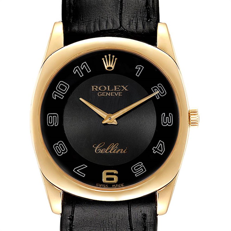 Rolex Cellini Danaos Yellow Gold Black Dial Mens Watch 4233 Papers SwissWatchExpo