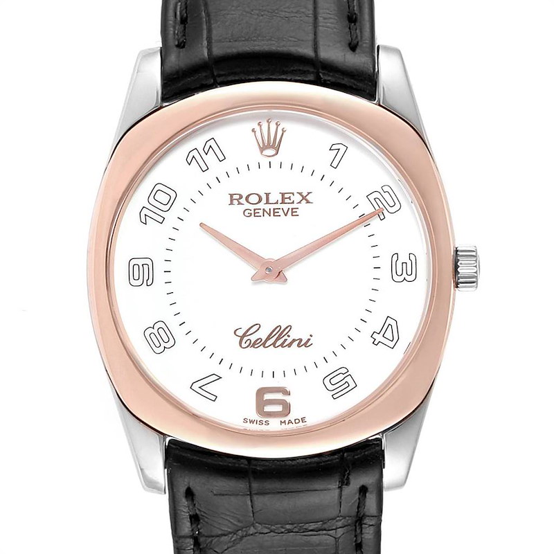 Rolex Cellini Danaos 18K White Rose Gold Black Strap Mens Watch 4233 SwissWatchExpo