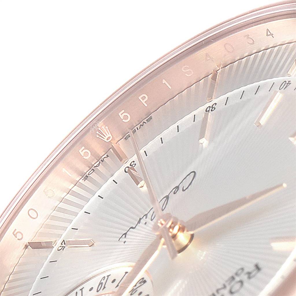 The image shows a close-up of the Rolex Cellini 50515 Men's Rose Gold Silver Dial 50515 Men's Rose Gold Silver Dial watch face, highlighting the hour markers and part of the dial.