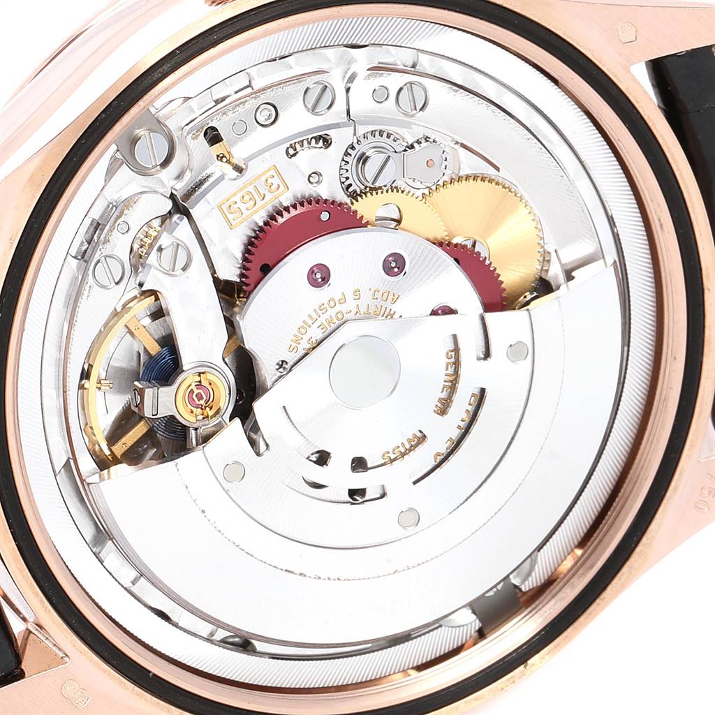 The image shows the intricate movement and internal components of a Rolex Cellini 50515 Men's Rose Gold Silver Dial 50515 Men's Rose Gold Silver Dial watch from a back angle.