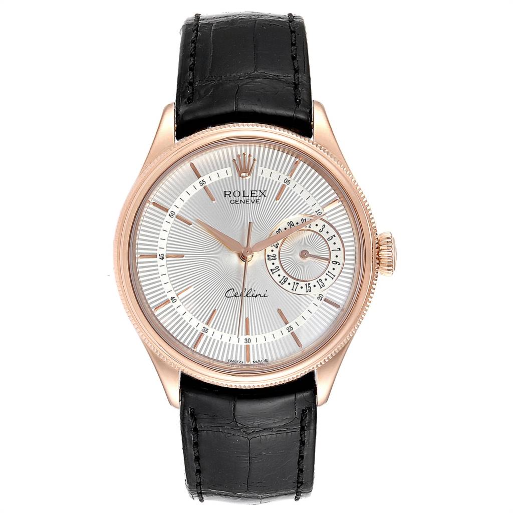 The image shows a Rolex Cellini 50515 Men's Rose Gold Silver Dial 50515 Men's Rose Gold Silver Dial watch from a front angle, highlighting its dial, hands, crown, and black leather band.