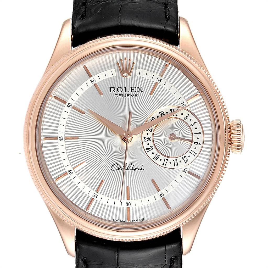 This image shows a Rolex Cellini 50515 Men's Rose Gold Silver Dial 50515 Men's Rose Gold Silver Dial watch from a front angle, highlighting the watch face, hands, and black leather strap.