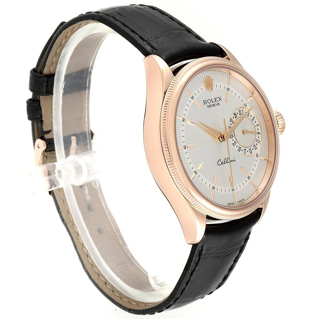 The Rolex Cellini 50515 Men's Rose Gold Silver Dial 50515 Men's Rose Gold Silver Dial watch is shown from a three-quarter angle, displaying the face, bezel, crown, and leather strap.