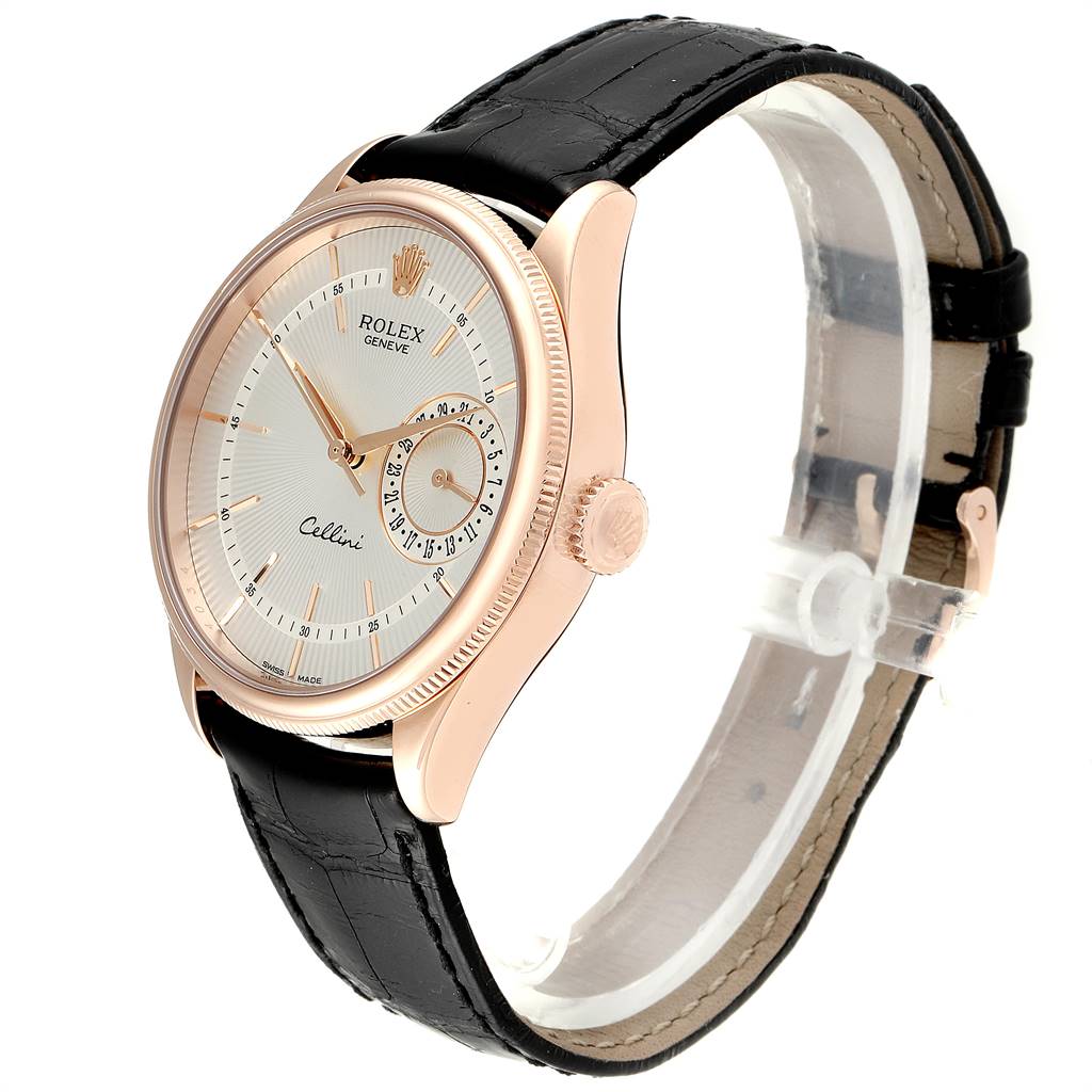 This image shows a side angle of a Rolex Cellini 50515 Men's Rose Gold Silver Dial 50515 Men's Rose Gold Silver Dial model watch, highlighting its dial, crown, case, and black leather strap.