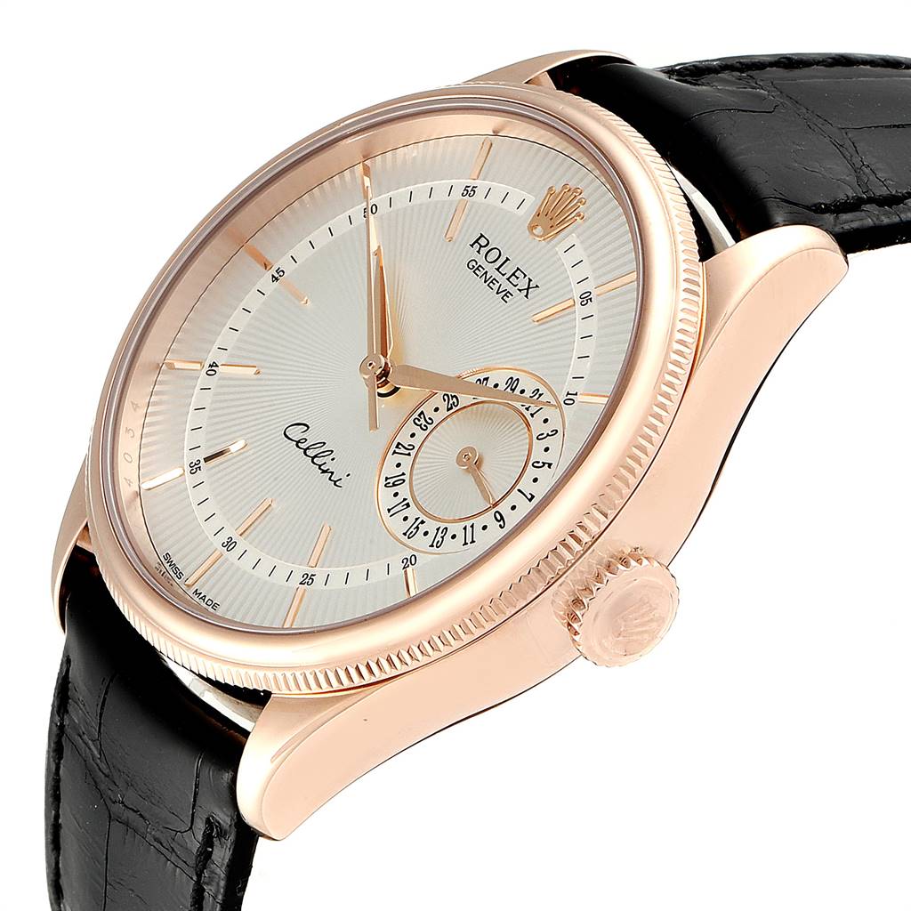 The image shows a Rolex Cellini 50515 Men's Rose Gold Silver Dial 50515 Men's Rose Gold Silver Dial watch at an angled view, highlighting the dial, crown, and part of the leather strap.