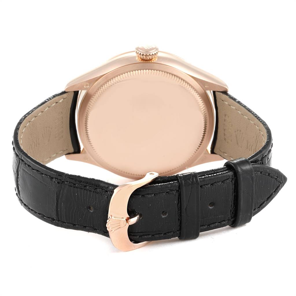 This image shows the back case and strap of the Rolex Cellini 50515 Men's Rose Gold Silver Dial 50515 Men's Rose Gold Silver Dial model watch.