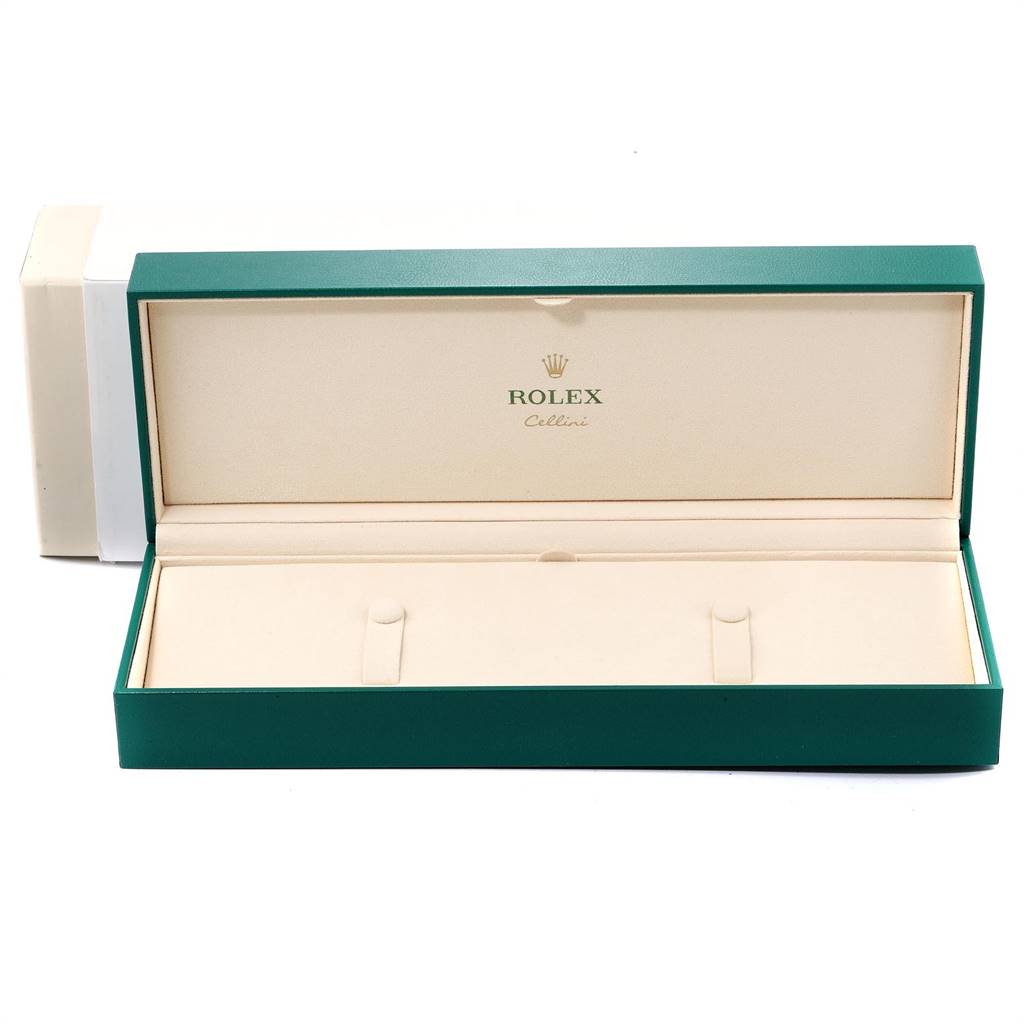 The image shows an open Rolex Cellini 50515 Men's Rose Gold Silver Dial 50515 Men's Rose Gold Silver Dial watch box with its inner compartment on display.