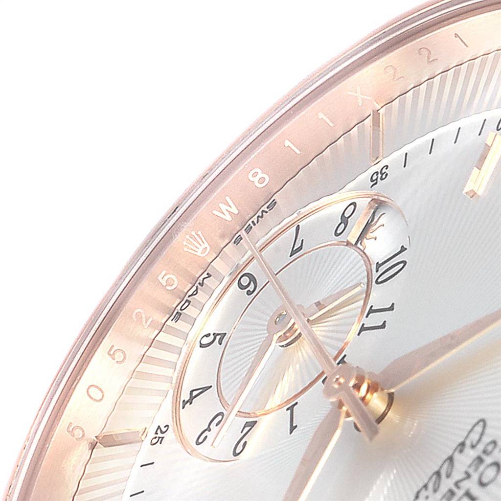This image shows a close-up of the dial and bezel of a Rolex Cellini 50525 Men's Rose Gold Silver Dial 50525 Men's Rose Gold Silver Dial watch, highlighting the hour markers and inner detail.