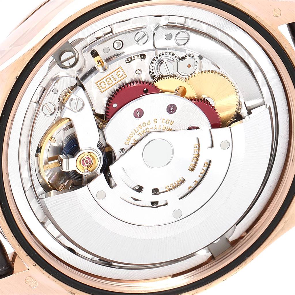 This image shows a close-up view of the movement inside a Rolex Cellini 50525 Men's Rose Gold Silver Dial 50525 Men's Rose Gold Silver Dial watch.