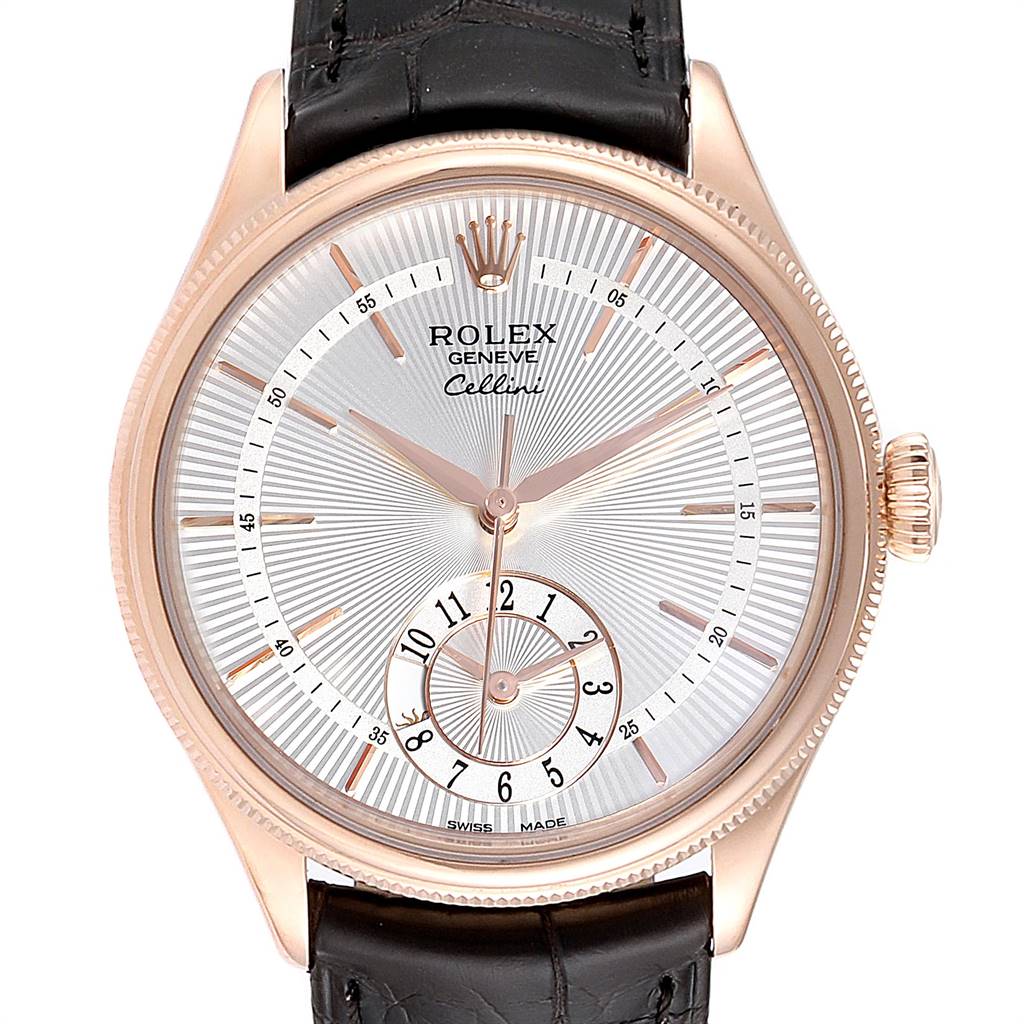 The image shows a front angle view of the Rolex Cellini 50525 Men's Rose Gold Silver Dial 50525 Men's Rose Gold Silver Dial watch, featuring the dial, hands, and part of the leather strap.