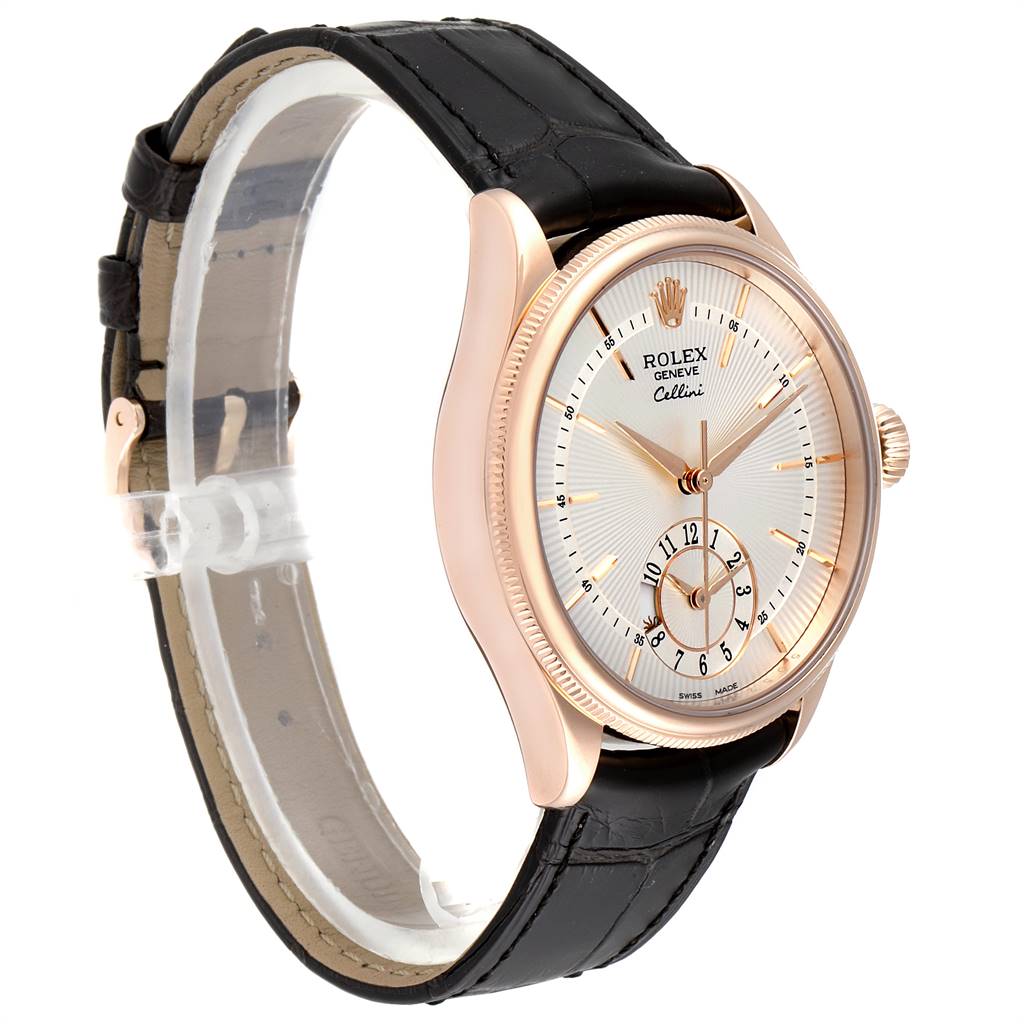 The image shows a side-angle view of a Rolex Cellini 50525 Men's Rose Gold Silver Dial 50525 Men's Rose Gold Silver Dial watch with a black leather strap and a gold bezel.