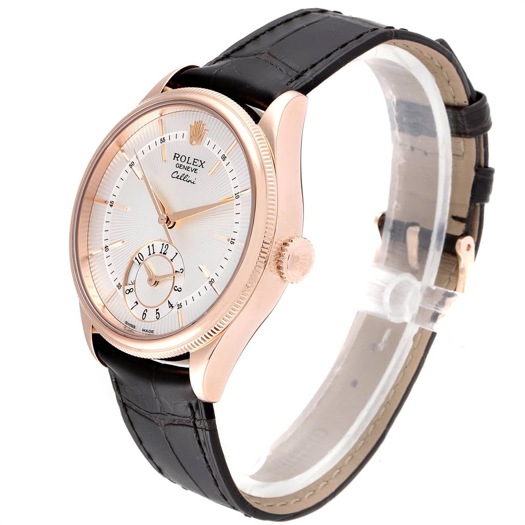 This Rolex Cellini 50525 Men's Rose Gold Silver Dial 50525 Men's Rose Gold Silver Dial watch is shown at a three-quarter angle, highlighting the dial, case, crown, and leather strap.