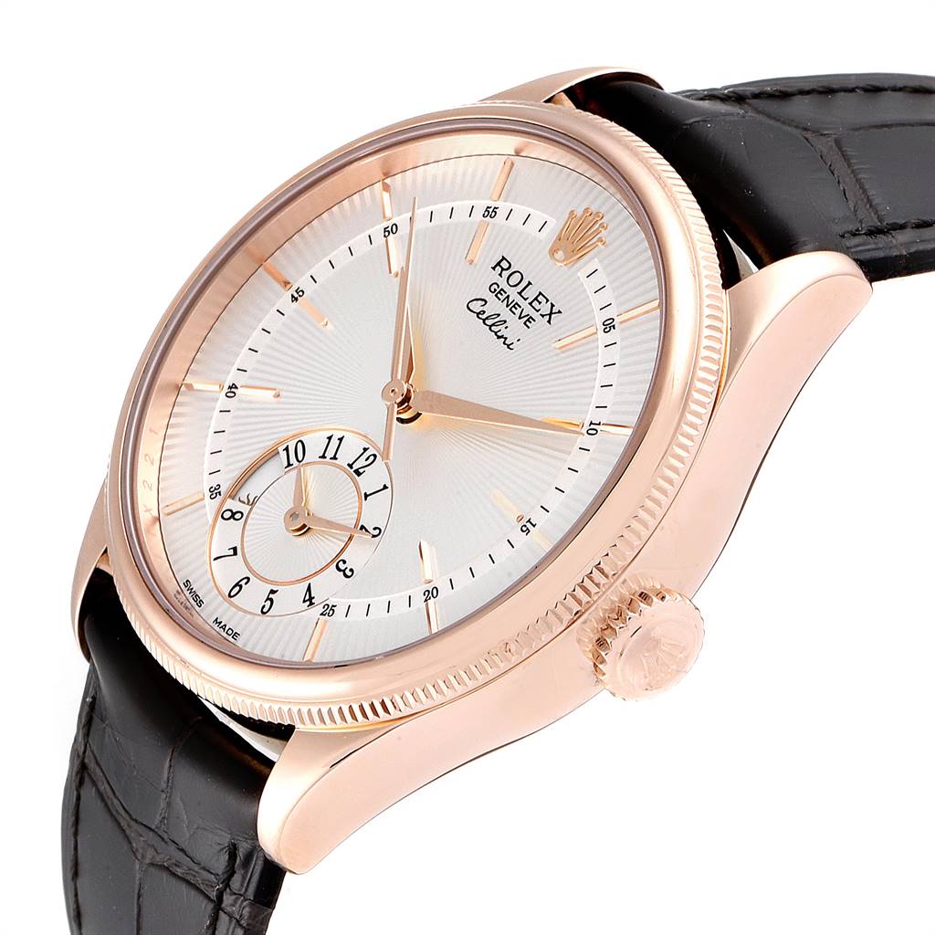 This image shows a close-up, angled view of the Rolex Cellini 50525 Men's Rose Gold Silver Dial 50525 Men's Rose Gold Silver Dial watch, highlighting the dial, crown, and black leather strap.