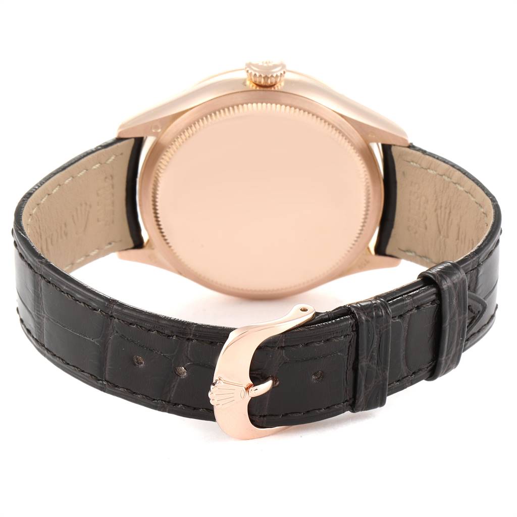 This image shows the back and strap of the Rolex Cellini 50525 Men's Rose Gold Silver Dial 50525 Men's Rose Gold Silver Dial watch, highlighting its clasp and caseback.