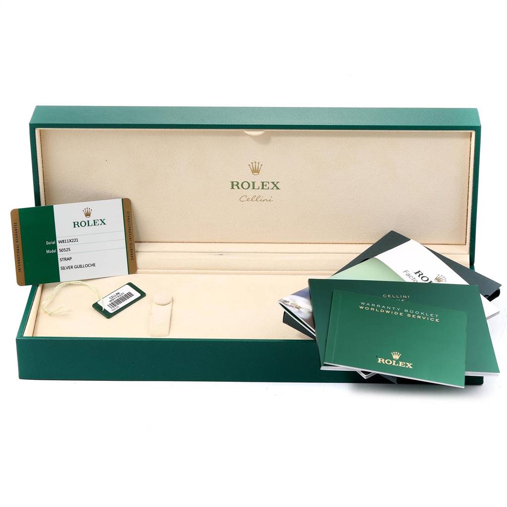The image shows an empty Rolex Cellini 50525 Men's Rose Gold Silver Dial 50525 Men's Rose Gold Silver Dial watch box with warranty booklets, tags, and a certificate card.