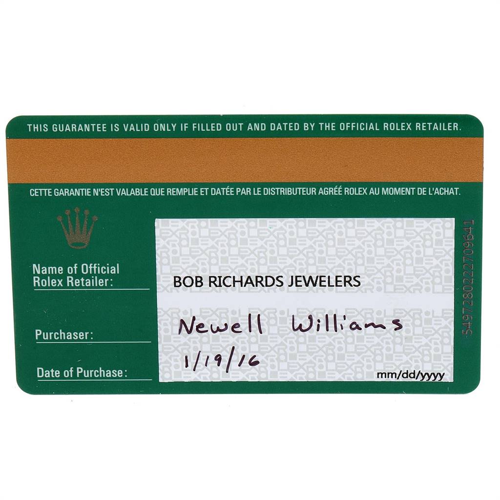 This image shows the guarantee card of a Rolex Cellini 50525 Men's Rose Gold Silver Dial 50525 Men's Rose Gold Silver Dial watch, detailing the retailer, purchaser, and the date of purchase.